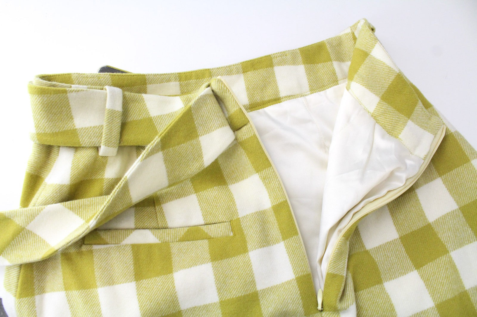 SUISTUDIO Calvin Women's Skirt UK8 Green Checked Pure Wool Lined Belted Mini