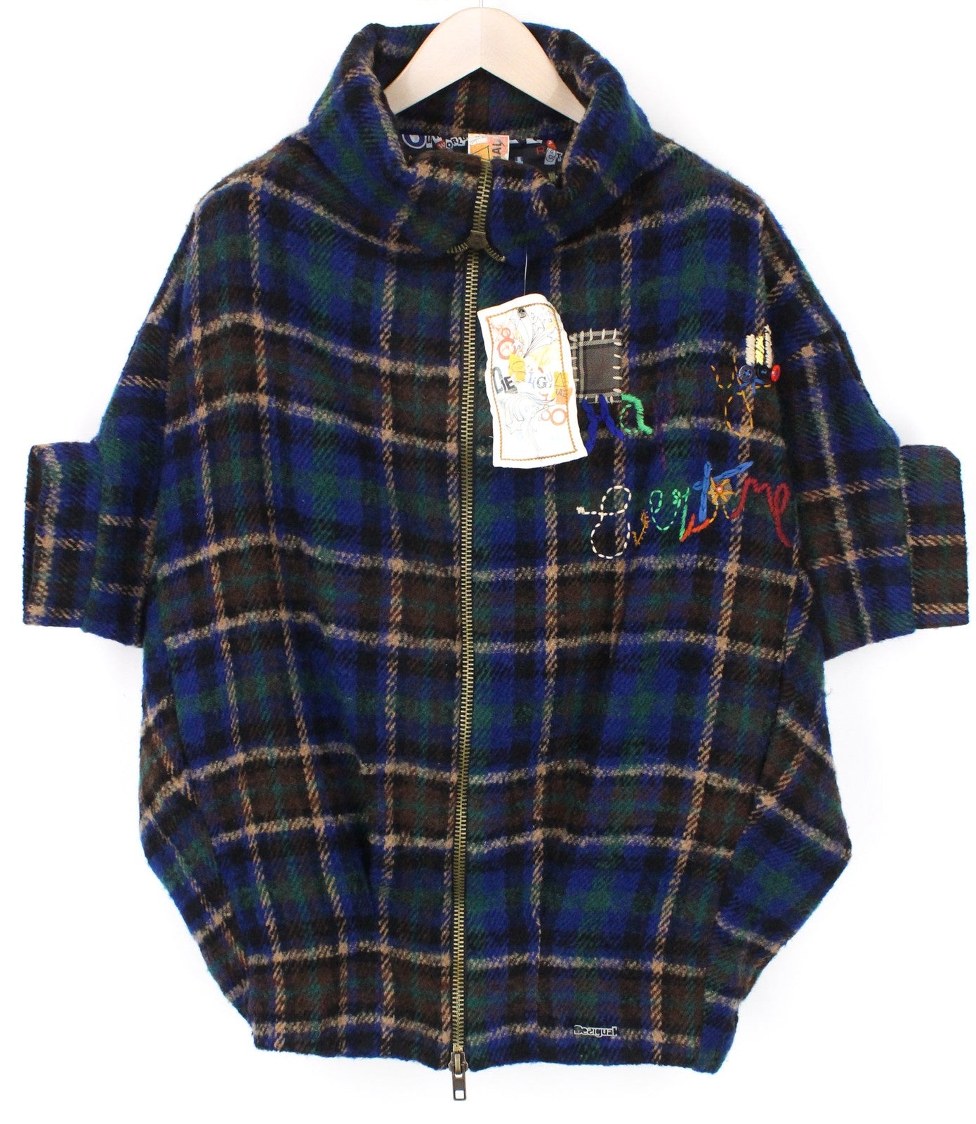 DESIGUAL Women's Jacket 36 Blue Checked Wool Blend Lined Zip Short Sleeve Coat