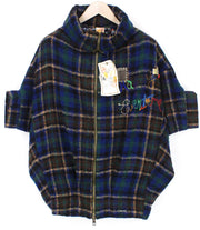 DESIGUAL Women's Jacket 36 Blue Checked Wool Blend Lined Zip Short Sleeve Coat