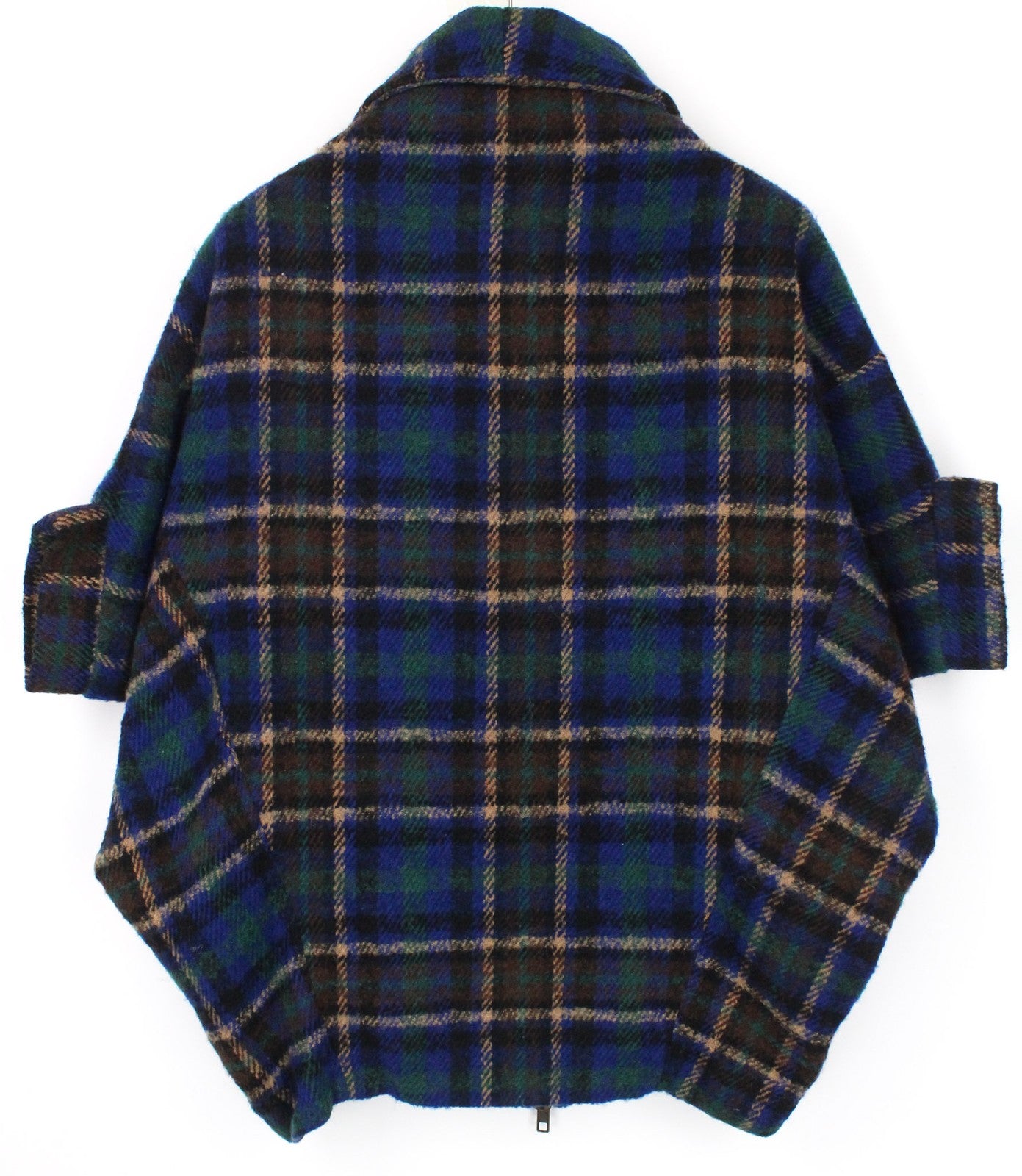 DESIGUAL Women's Jacket 36 Blue Checked Wool Blend Lined Zip Short Sleeve Coat