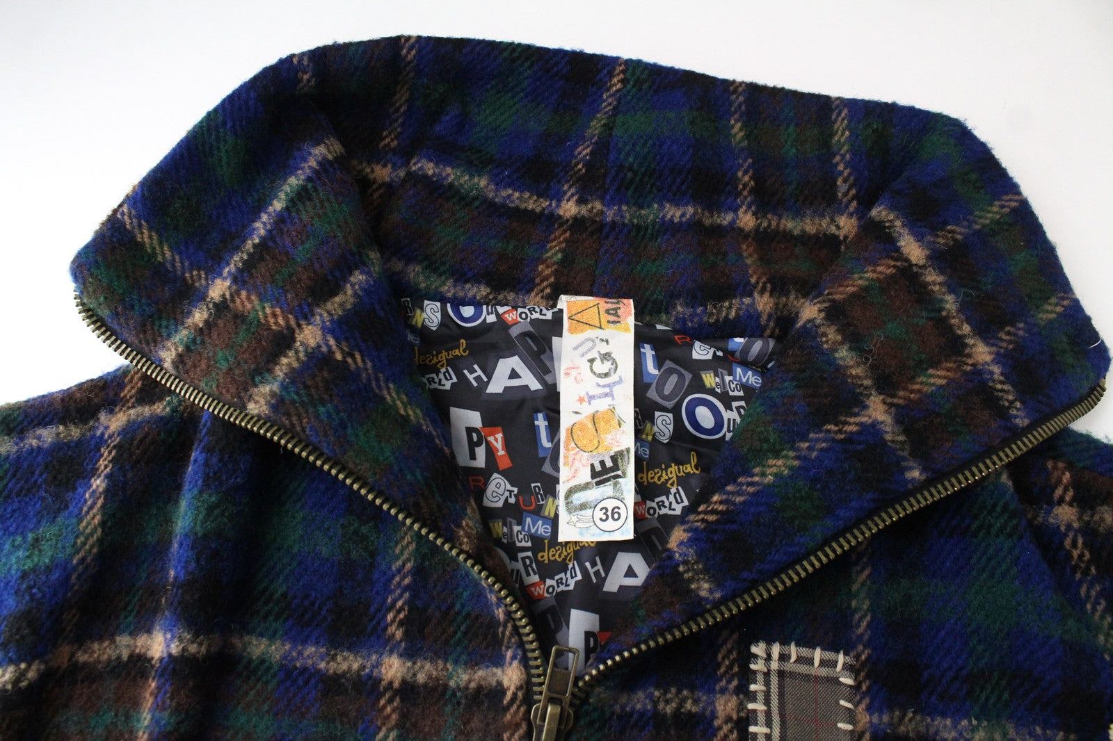 DESIGUAL Women's Jacket 36 Blue Checked Wool Blend Lined Zip Short Sleeve Coat