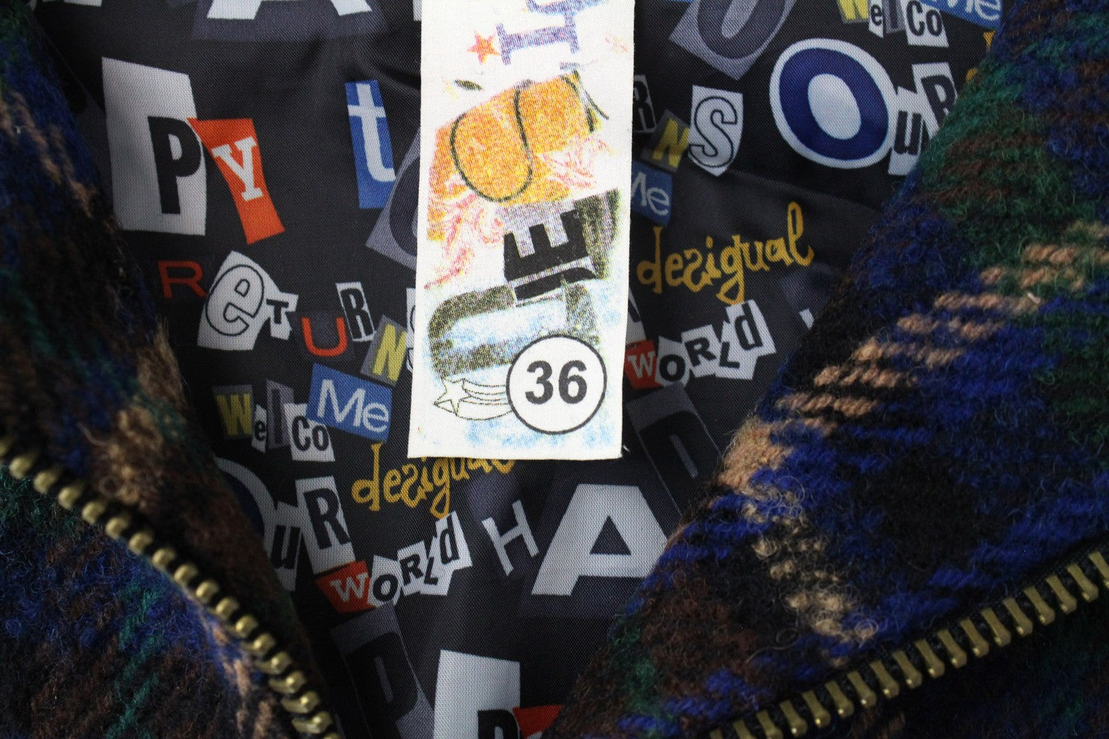 DESIGUAL Women's Jacket 36 Blue Checked Wool Blend Lined Zip Short Sleeve Coat