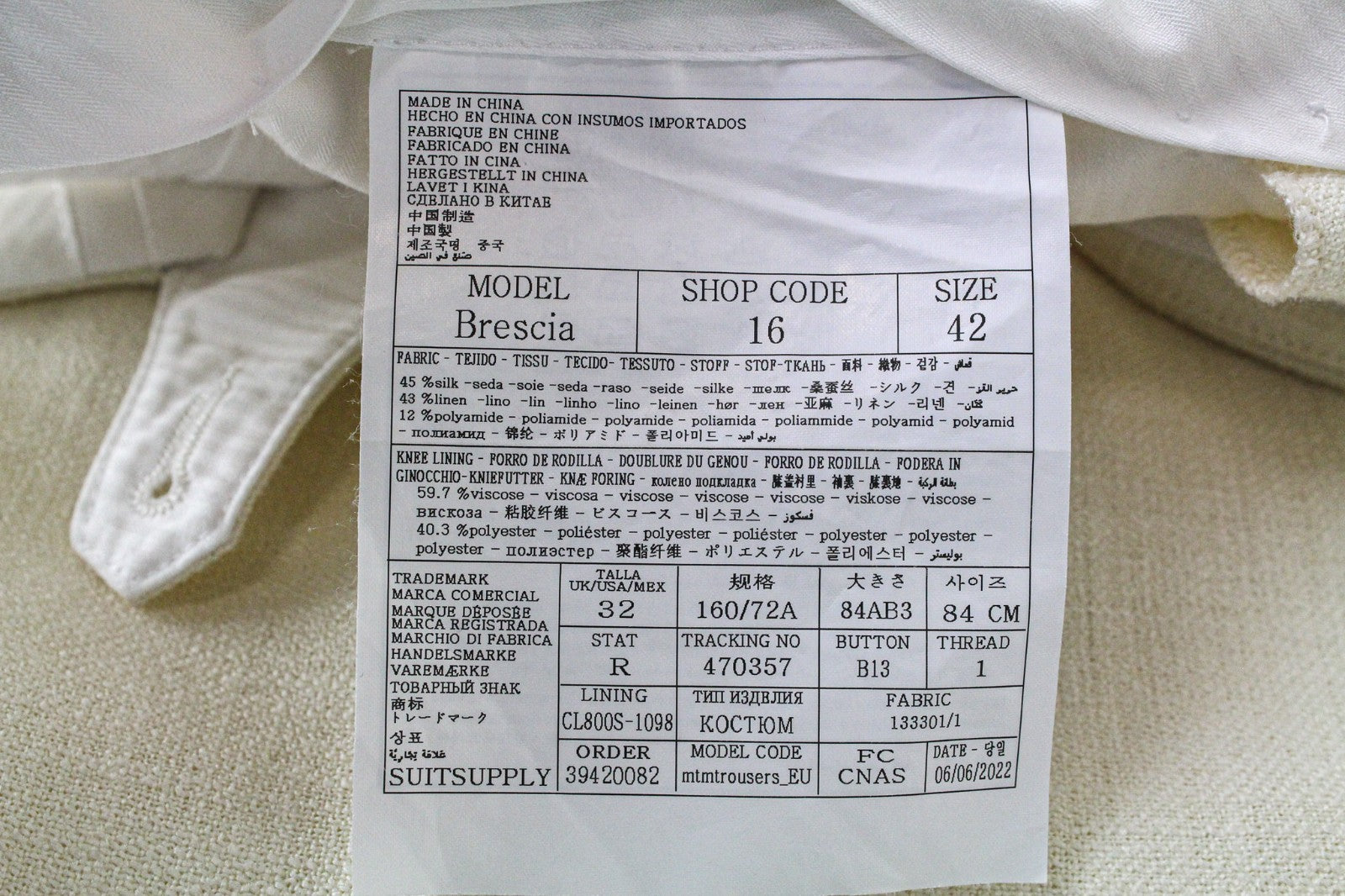 SUITSUPPLY La Spalla Men's Suit UK30R Off-White 2Pc Slim Silk Linen Two-Row Fit