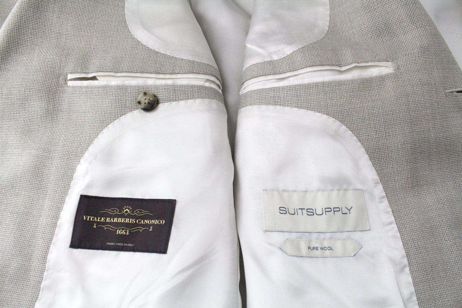 SUITSUPPLY Havana Jetted Men's Suit UK38R Beige Pure Wool Slim 2Pc Melange Look