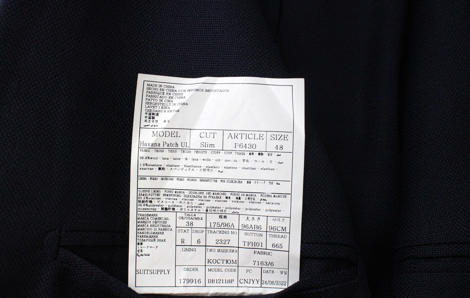 SUITSUPPLY Havana Men's Suit UK38R Blue Wool Stretch Slim 2Pc Formal Single Row