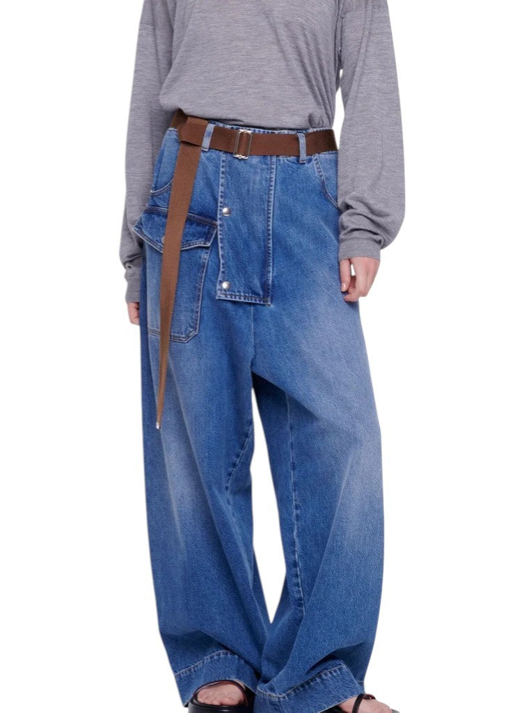 PLAN C Women Jeans 42 Blue Cargo Relaxed Wide Fit Faded Denim Snaps RRP€579