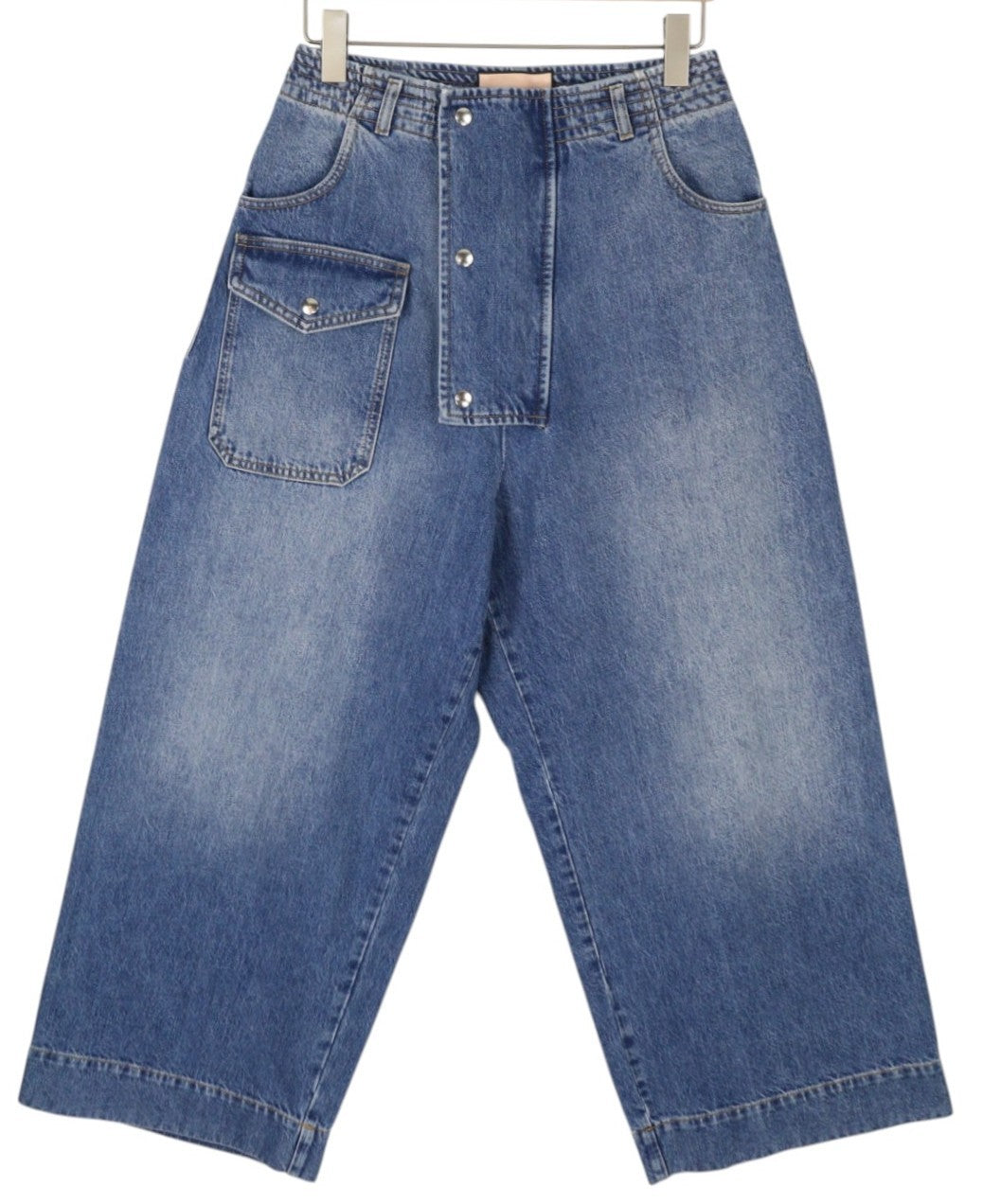 PLAN C Women Jeans 42 Blue Cargo Relaxed Wide Fit Faded Denim Snaps RRP€579