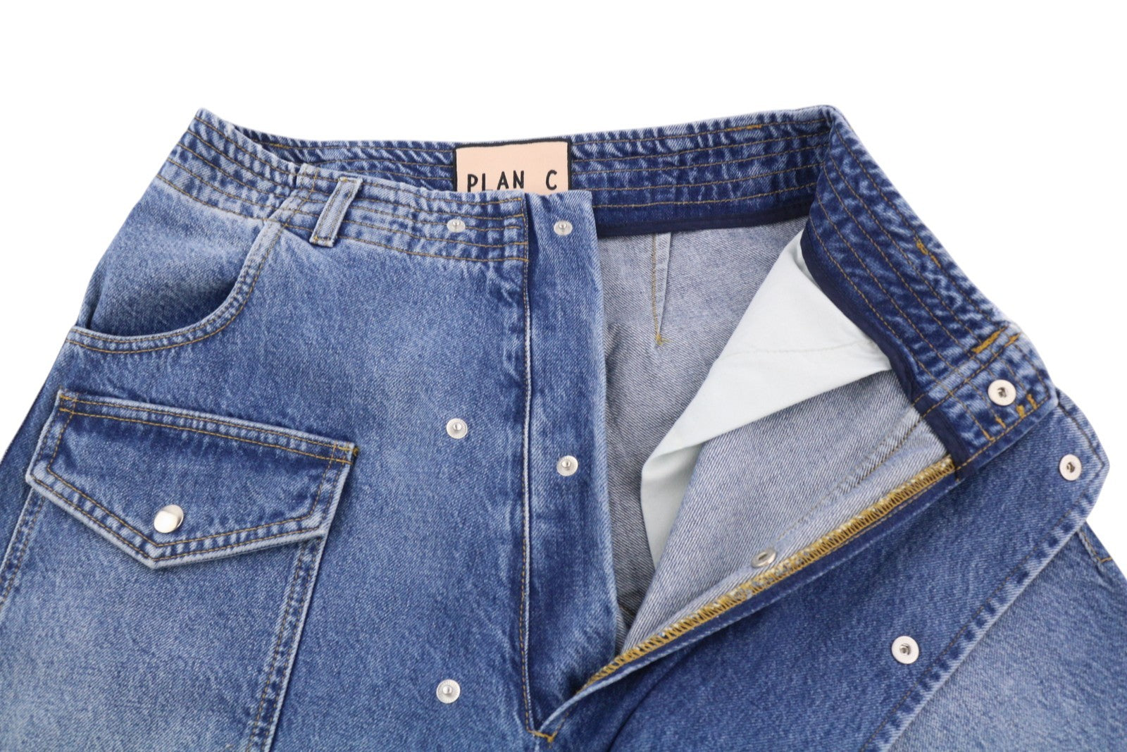 PLAN C Women Jeans 42 Blue Cargo Relaxed Wide Fit Faded Denim Snaps RRP€579