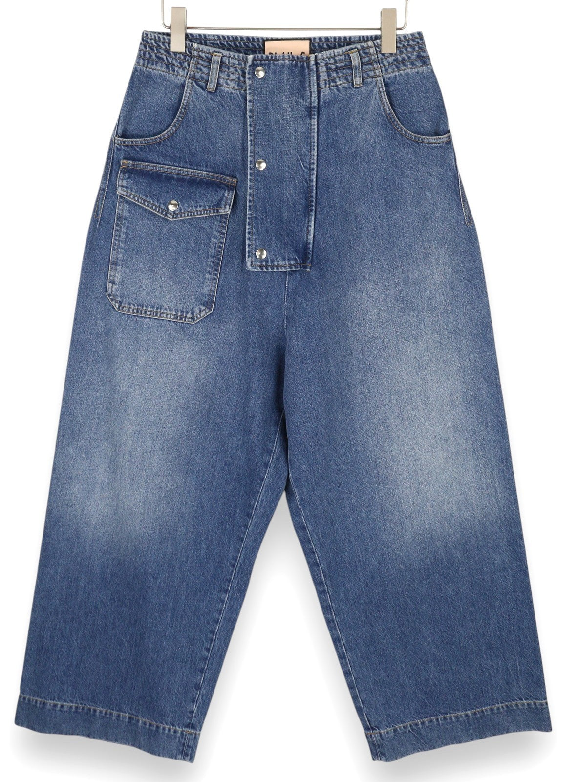 PLAN C Women Jeans 44 Blue Cargo Relaxed Wide Fit Faded Denim Snaps RRP€579