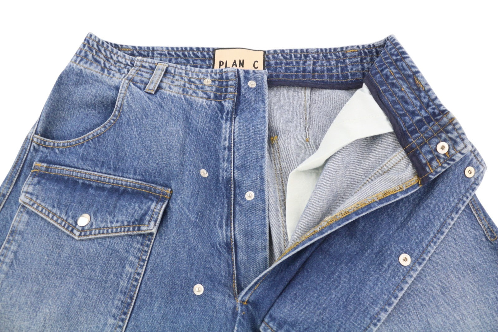 PLAN C Women Jeans 44 Blue Cargo Relaxed Wide Fit Faded Denim Snaps RRP€579