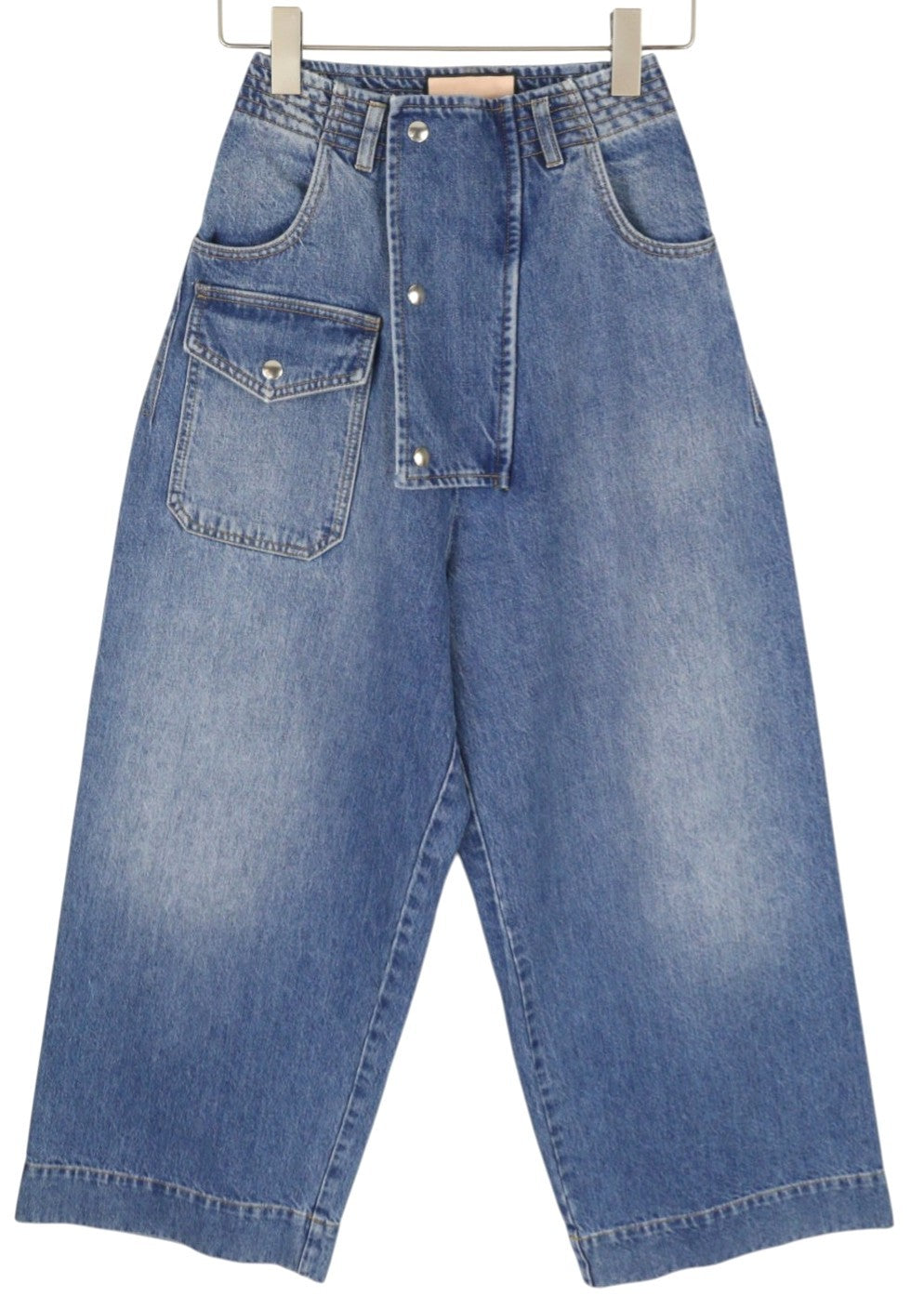 PLAN C Women Jeans 34 Blue Cargo Relaxed Wide Fit Faded Denim Snaps RRP€579