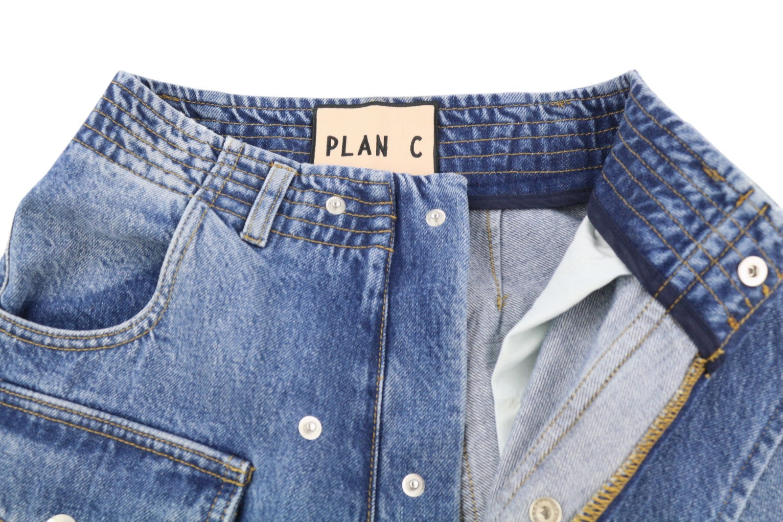 PLAN C Women Jeans 34 Blue Cargo Relaxed Wide Fit Faded Denim Snaps RRP€579