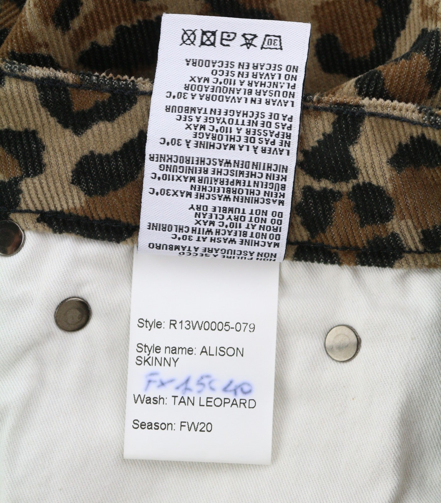 R13 Alison Skinny Women Trousers 27 Tan Leopard Ankle High Rise Corduroy Brown