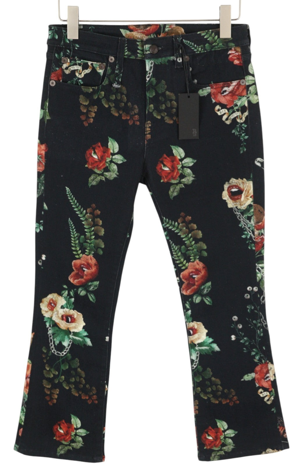 R13 Kick Fit Women Jeans 27 Useless Treasueres Black Floral Print Ankle Cropped