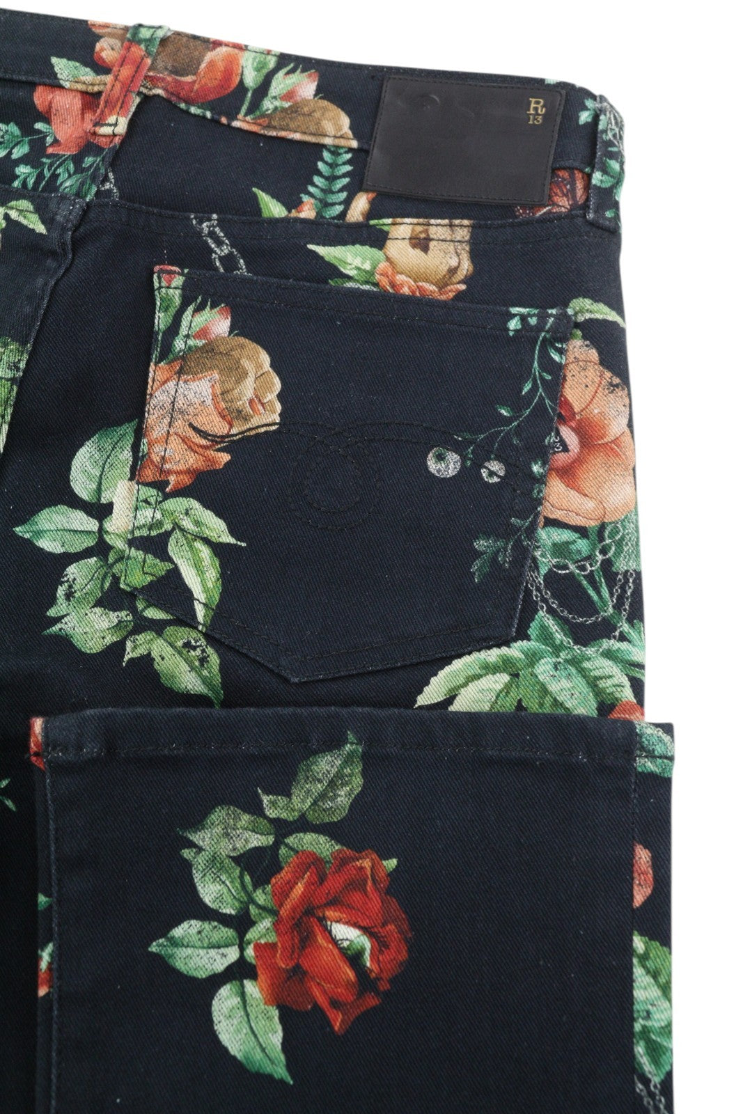 R13 Kick Fit Women Jeans 27 Useless Treasueres Black Floral Print Ankle Cropped