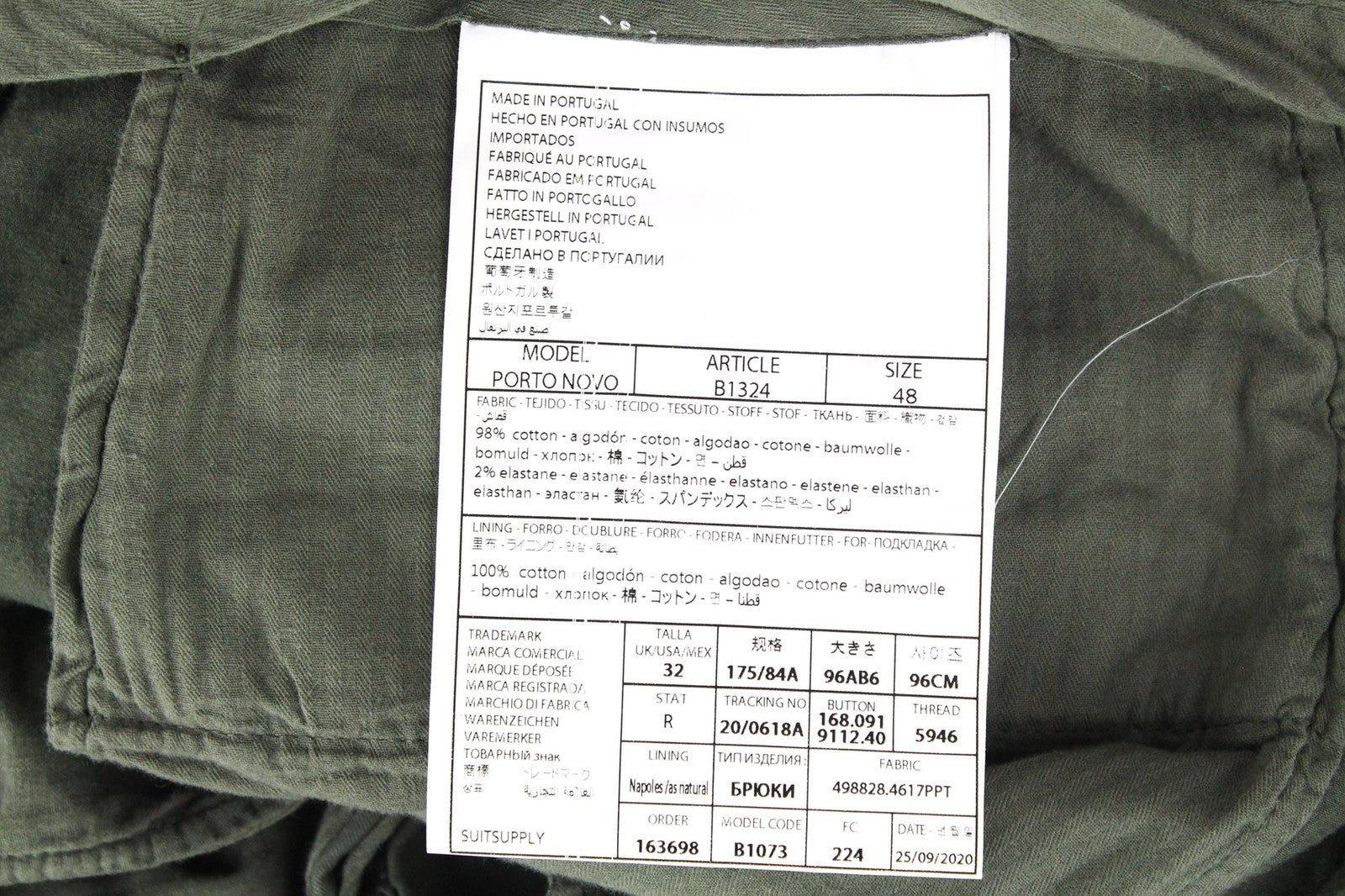 SUITSUPPLY Porto Novo Men's Trousers UK32R Green Cotton Stretch Lined Pants