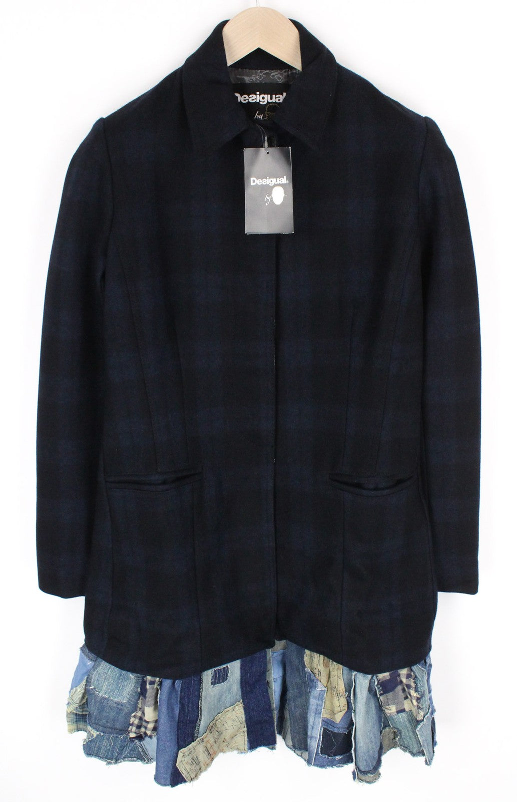 DESIGUAL Snowrobot Women's Coat 40 Navy Wool Cotton Checked Single-Breasted