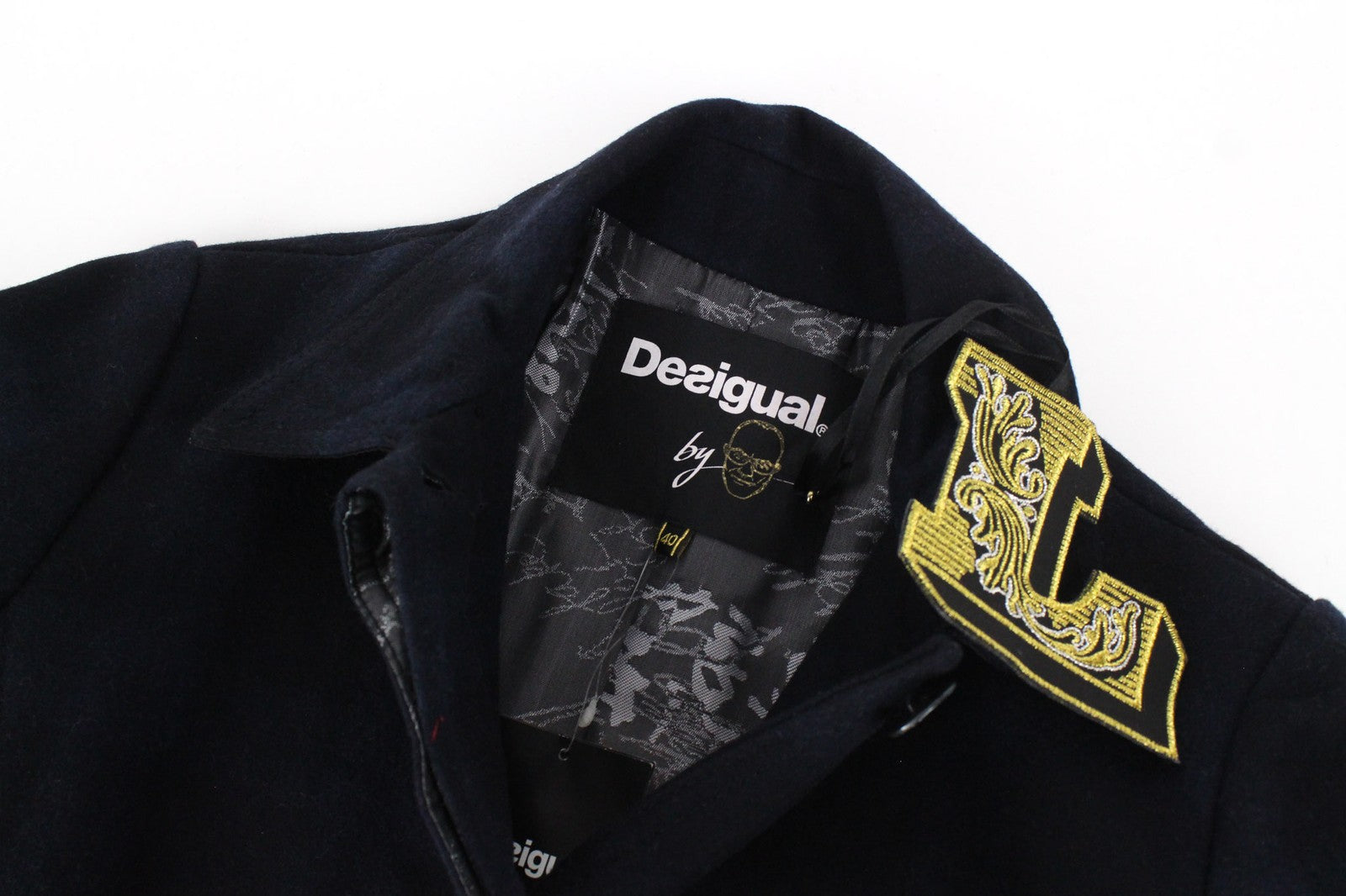 DESIGUAL Snowrobot Women's Coat 40 Navy Wool Cotton Checked Single-Breasted