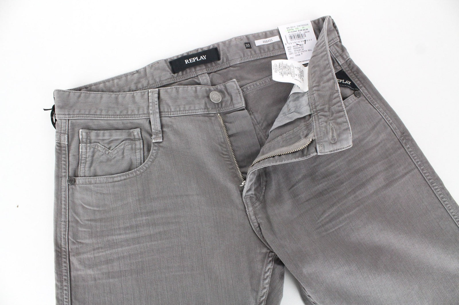 REPLAY Anbass Men's Jeans W30/L34 Grey Slim Fit Cotton Stretch Denim Pants