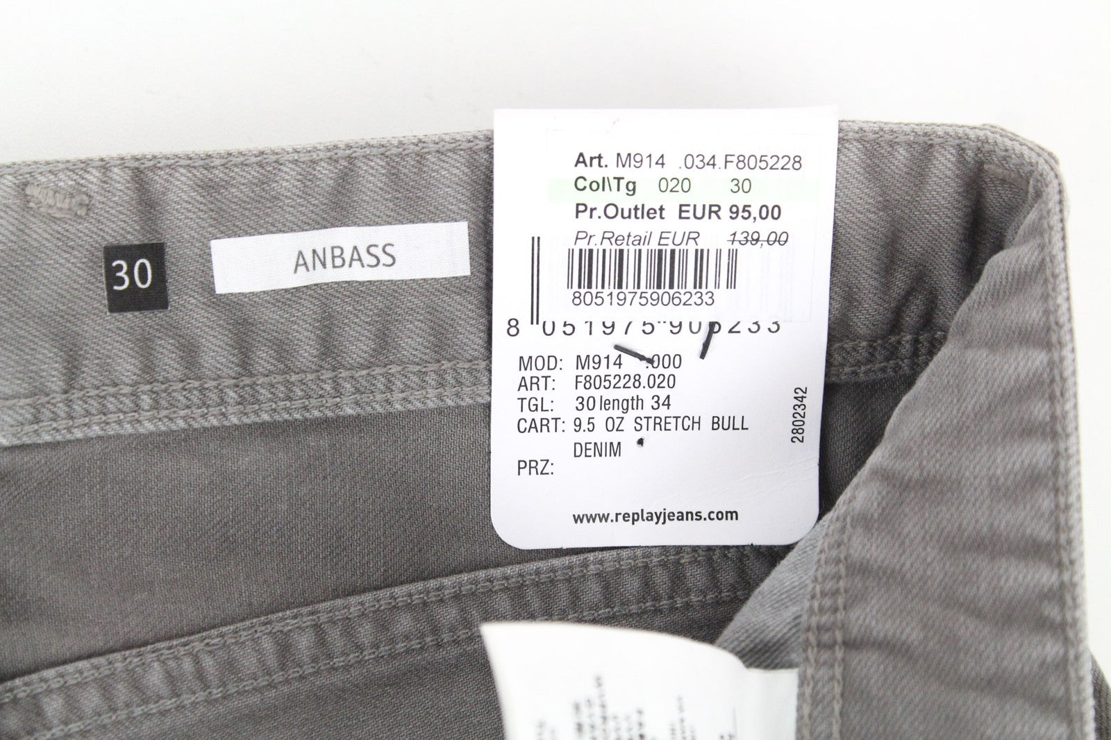 REPLAY Anbass Men's Jeans W30/L34 Grey Slim Fit Cotton Stretch Denim Pants