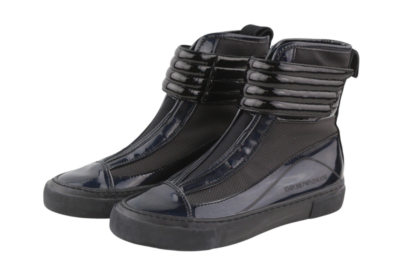 EMPORIO ARMANI Women Shoes EU37 Black Holographic Leather Touch Fasteners Ankle