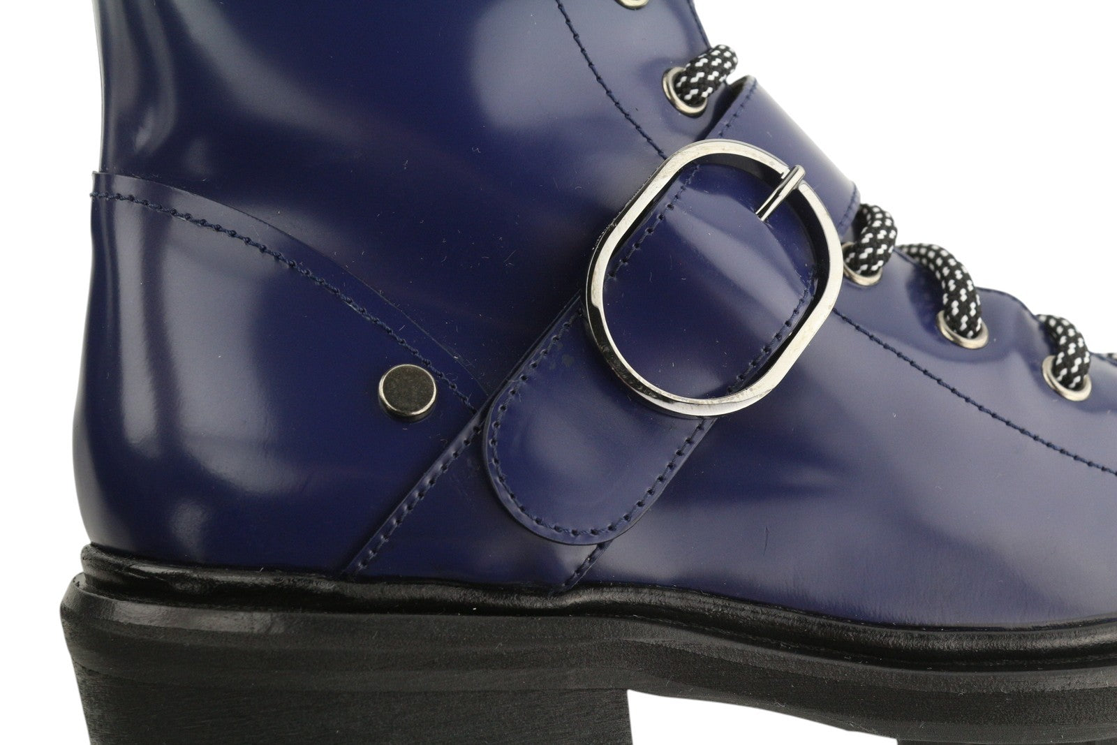 EMPORIO ARMANI Women Boots EU37 Blue Leather Buckle Detail Lace Up Zip Mid Top