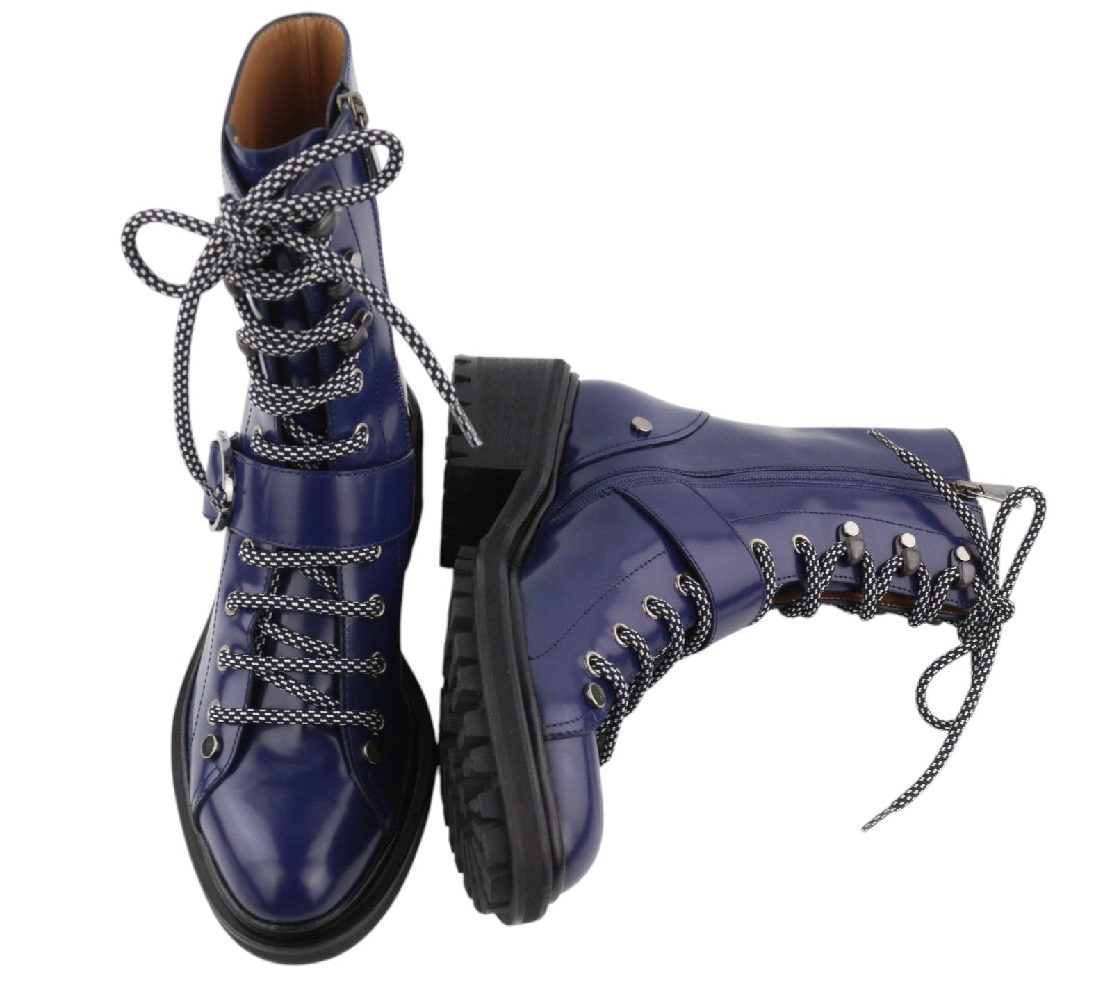 EMPORIO ARMANI Women Boots EU37 Blue Leather Buckle Detail Lace Up Zip Mid Top
