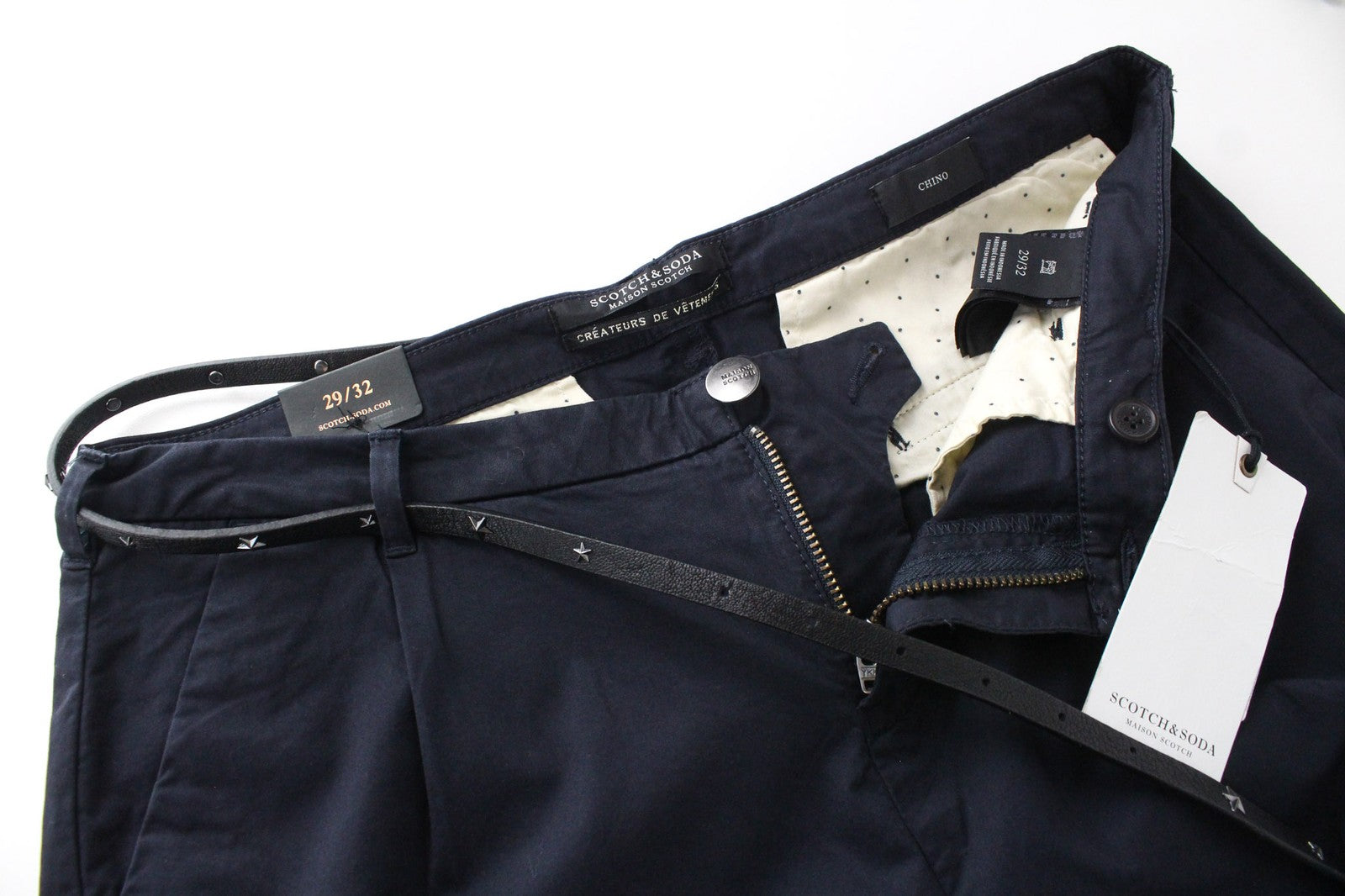 MAISON SCOTCH W29/L32 Women's Navy Cropped Belted Stretch Chino