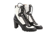 EMPORIO ARMANI Women Boots EU37 Black & White Leather Heeled Lace-Up Mid Top