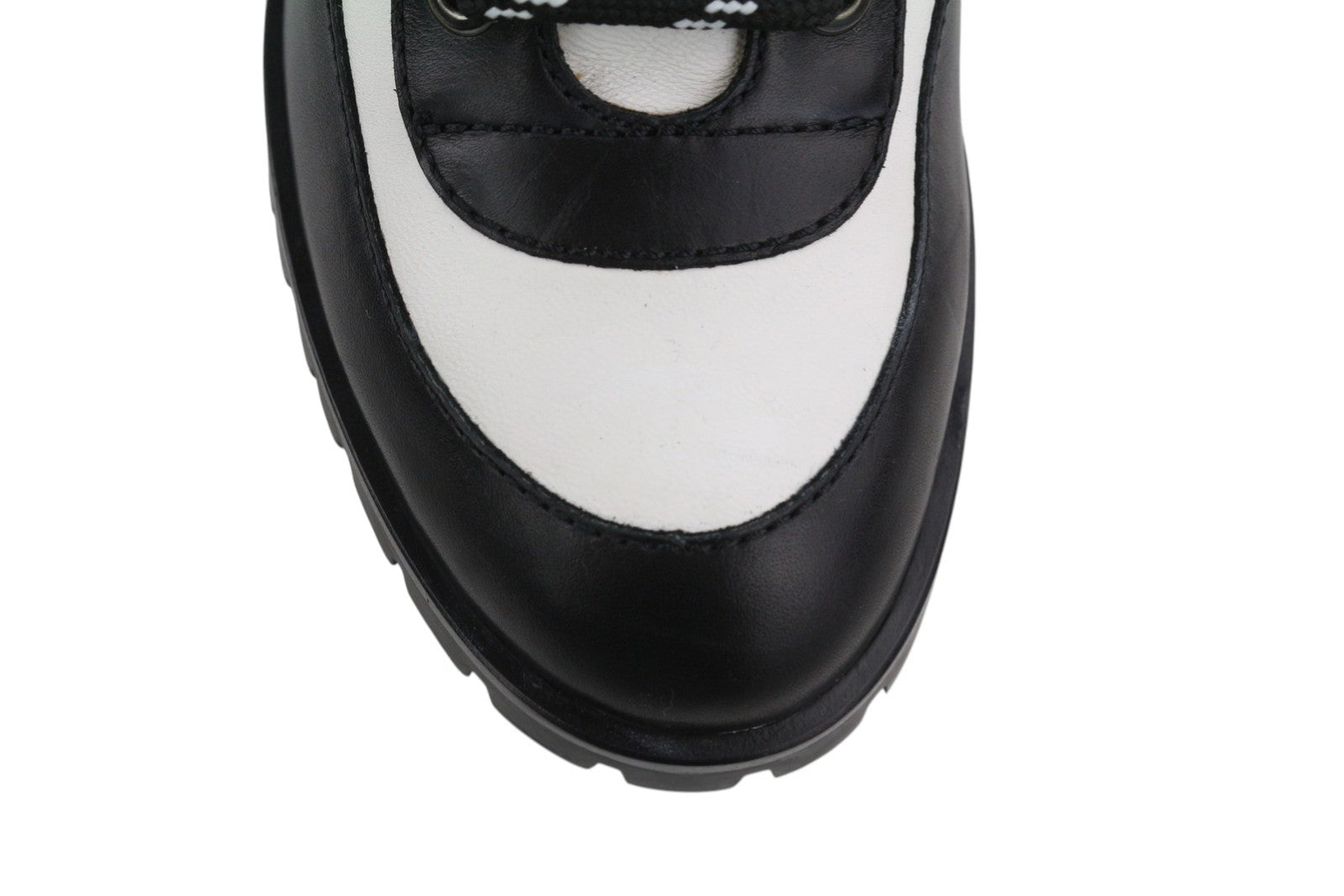 EMPORIO ARMANI Women Boots EU37 Black & White Leather Heeled Lace-Up Mid Top