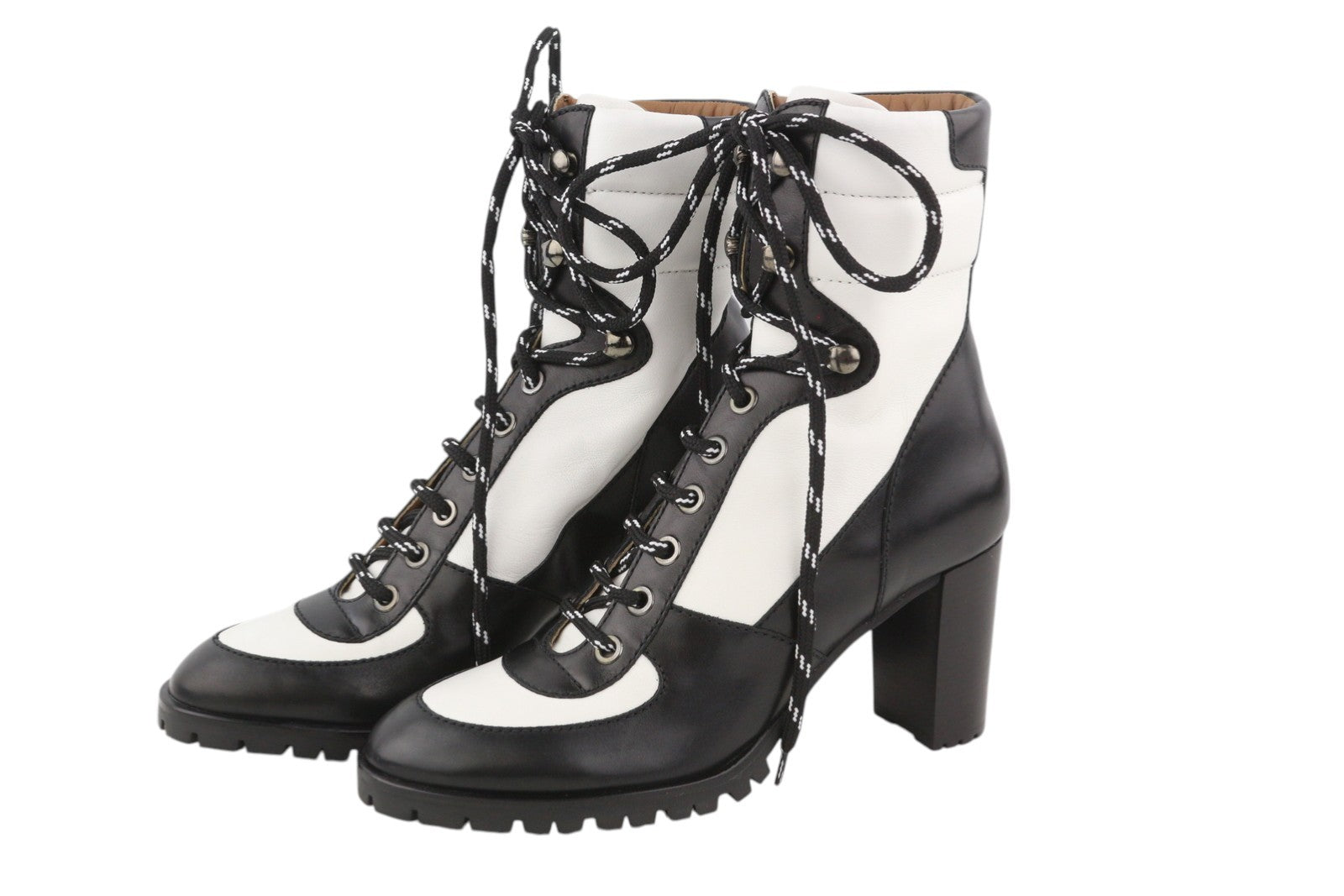 EMPORIO ARMANI Women Boots EU37 Black & White Leather Heeled Lace-Up Mid Top