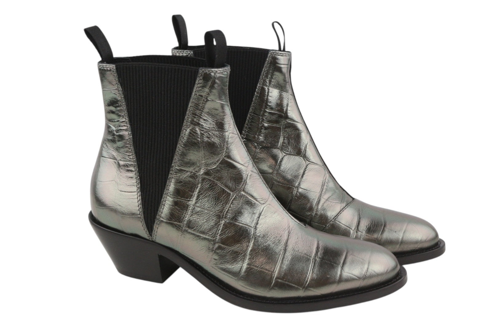EMPORIO ARMANI Women Boots EU37 Grey Leather Textured Almond Toe Cowboy Ankle