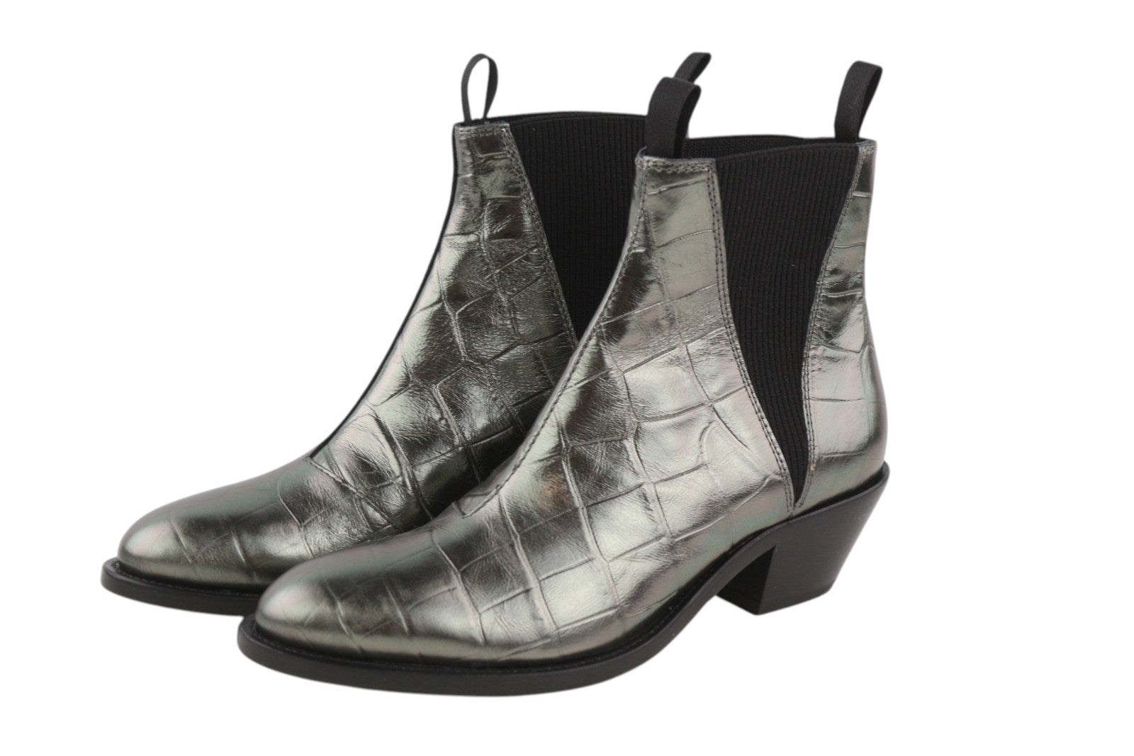 EMPORIO ARMANI Women Boots EU37 Grey Leather Textured Almond Toe Cowboy Ankle