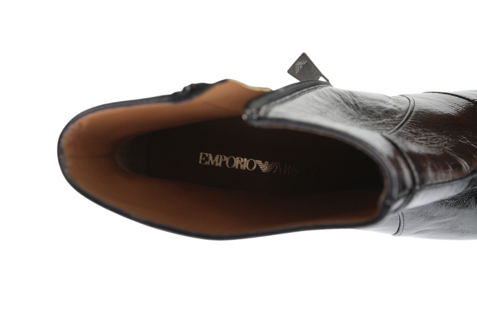 EMPORIO ARMANI Women Boots EU37 Black Patent Shiny Leather Heeled Zipper Ankle