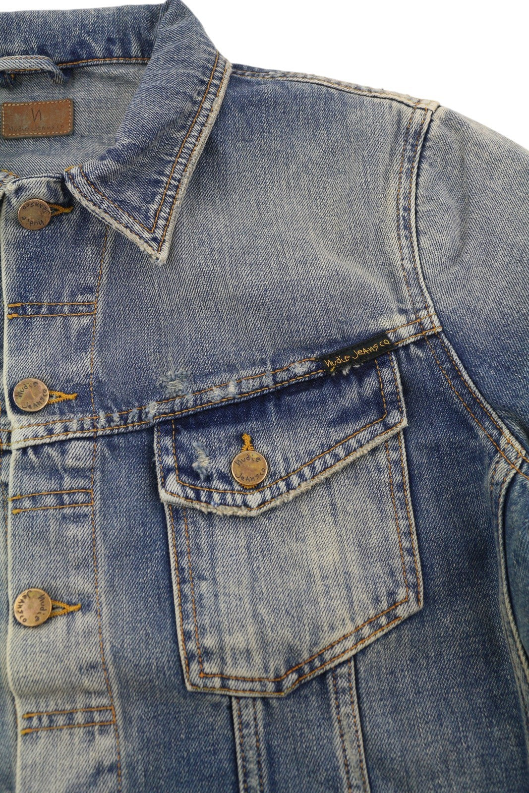 NUDIE JEANS Billy Men Jacket M Shimmering Indigo Washed Ripped Distress Logo