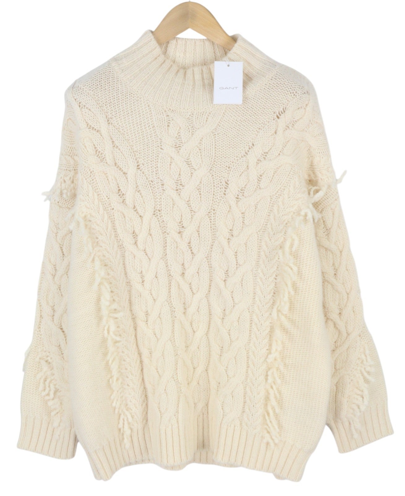 GANT Fringe Cable Turtle Women Jumper L Cream Wool Blend Tight-Knit Pullover