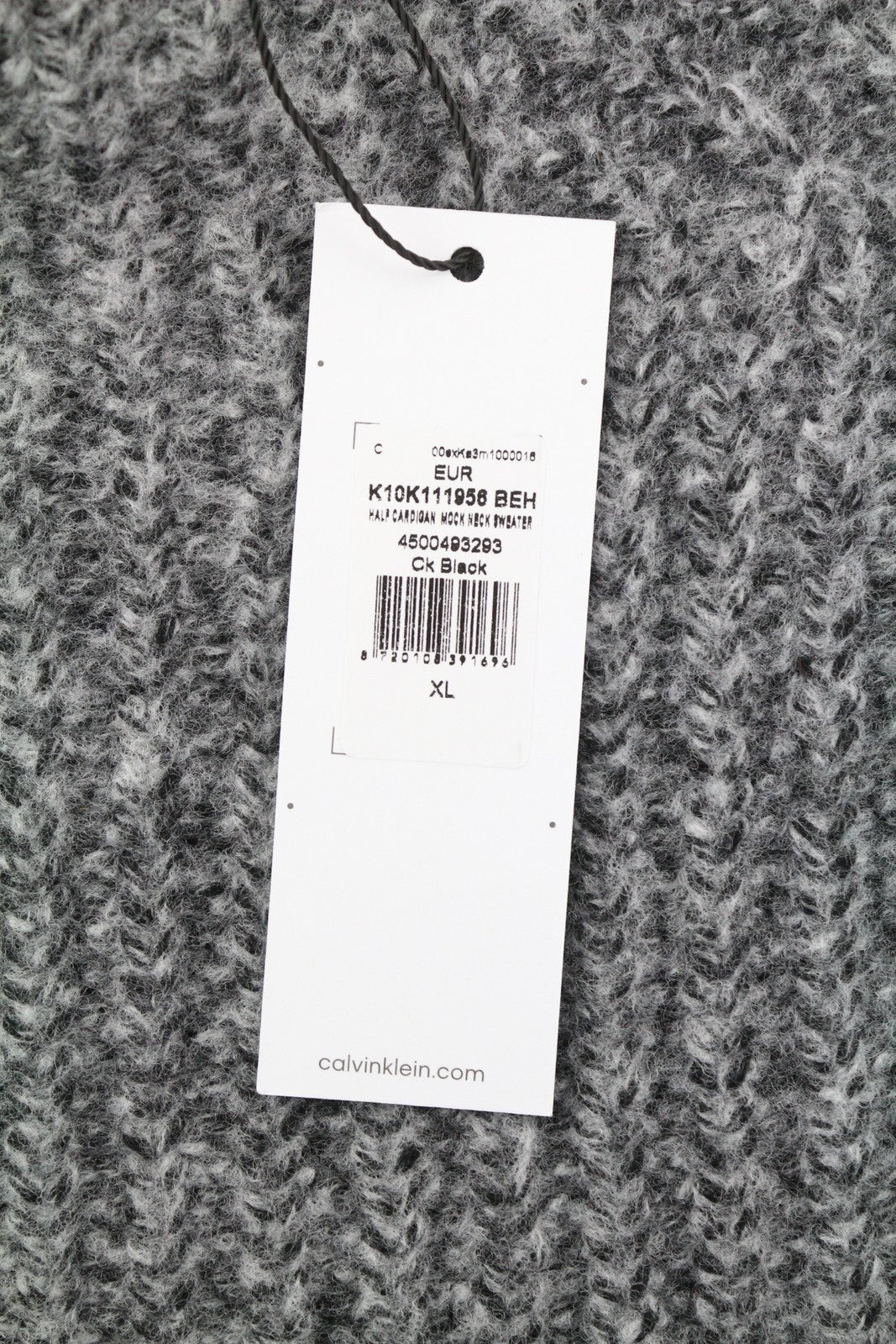 CALVIN KLEIN Men Jumper XL Grey Wool Blend Tight-Knit Mock Neck Logo Pullover