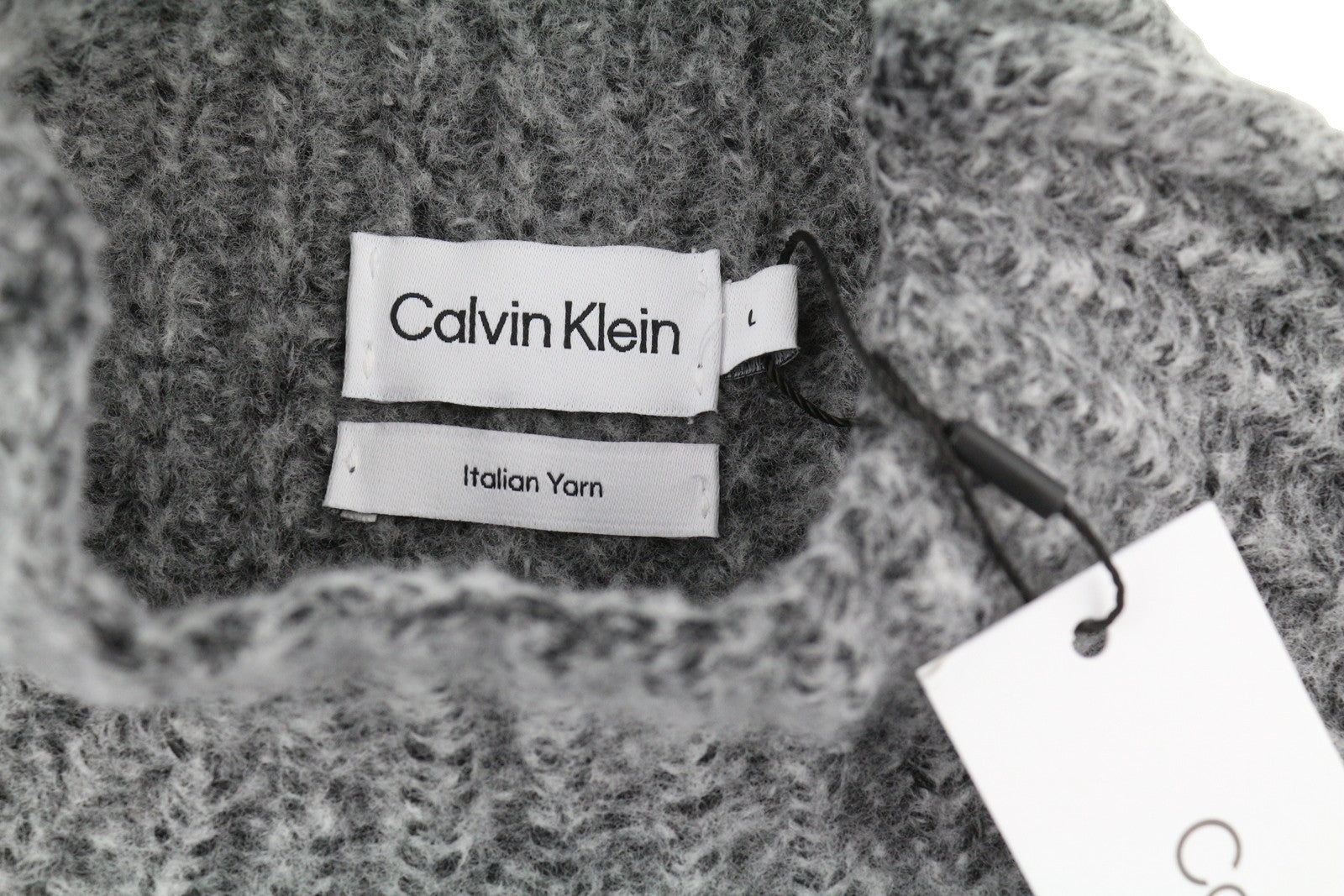 CALVIN KLEIN Men Jumper L Grey Wool Blend Tight-Knit Mock Neck Logo Pullover