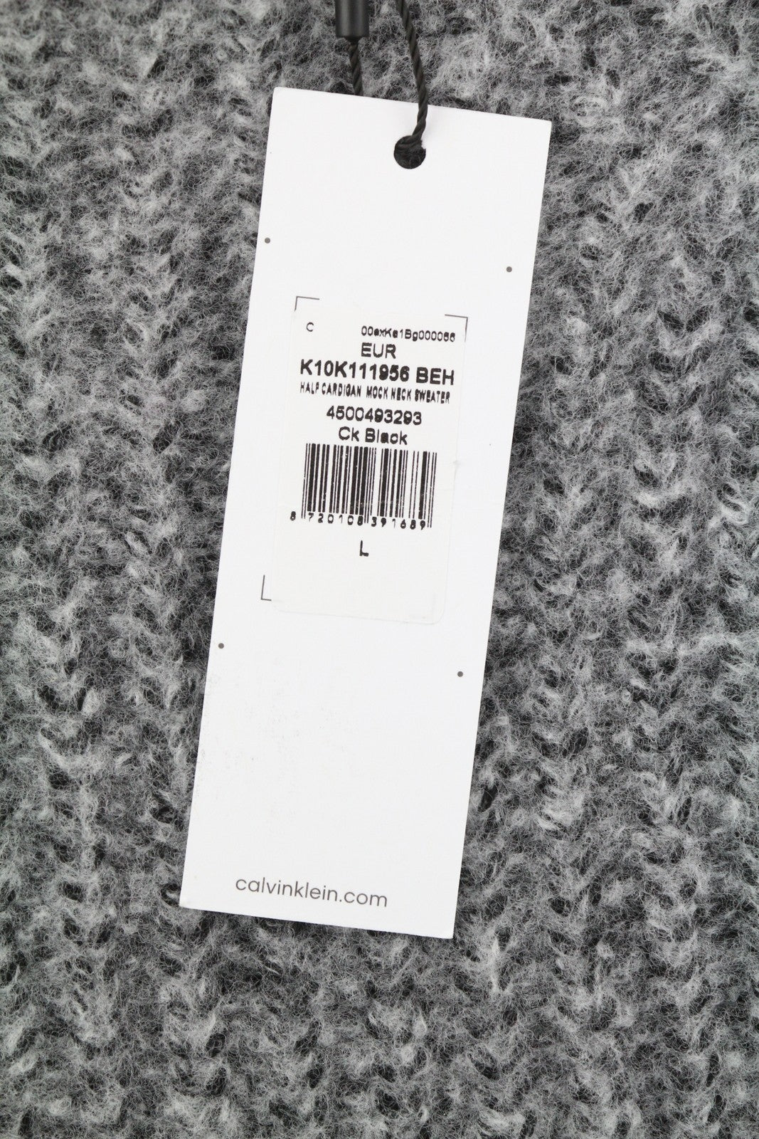 CALVIN KLEIN Men Jumper L Grey Wool Blend Tight-Knit Mock Neck Logo Pullover