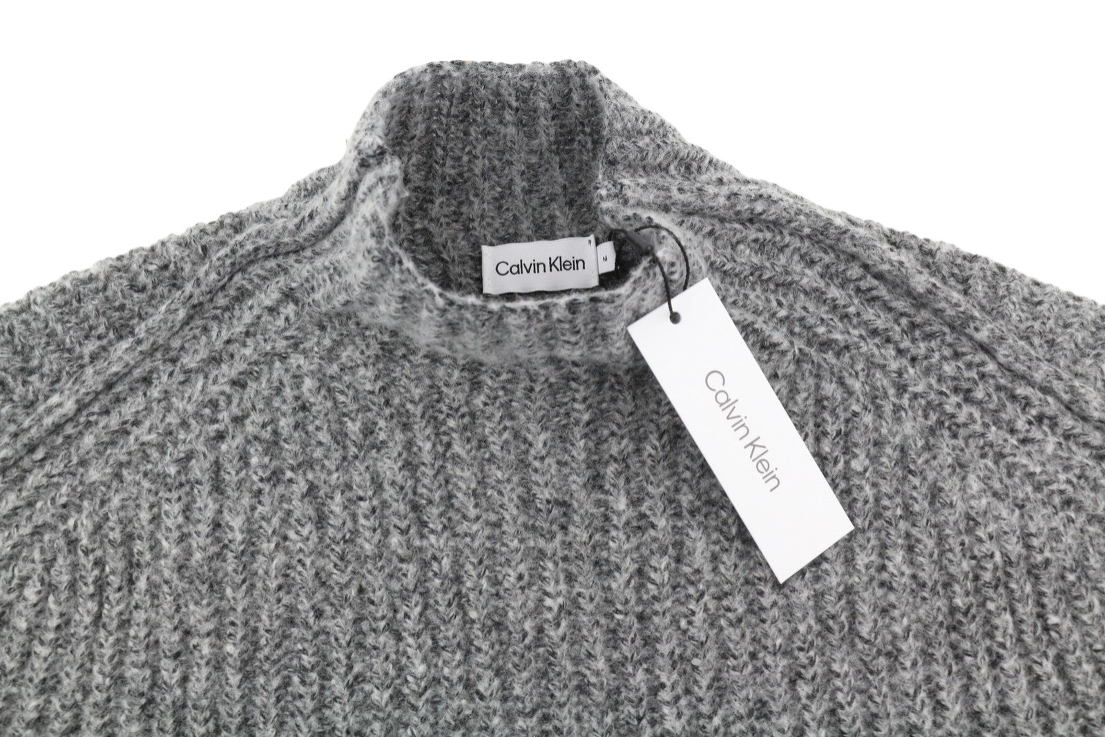 CALVIN KLEIN Men Jumper M Grey Wool Blend Tight-Knit Mock Neck Logo Pullover