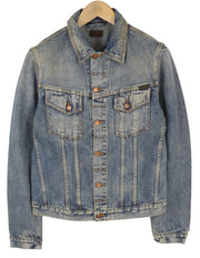 NUDIE JEANS Billy vyriška striukė M su blizgančiu indigo spalvos išblukusiu plėšytu logotipu 