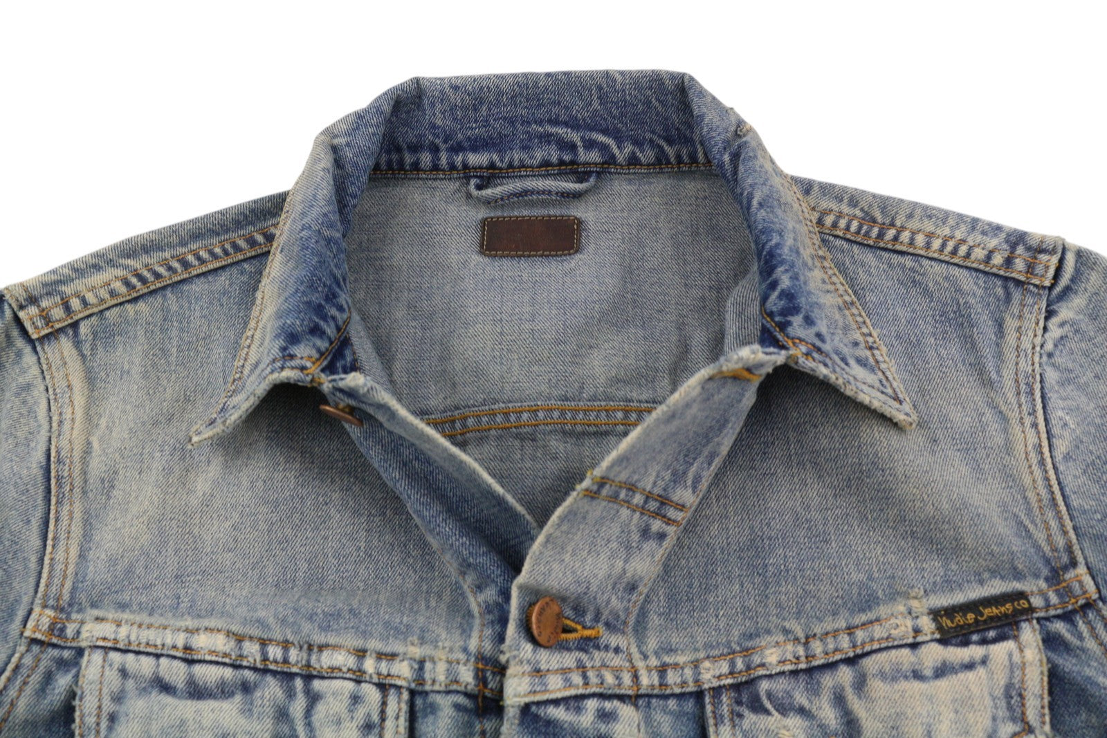 NUDIE JEANS Billy vyriška striukė M su blizgančiu indigo spalvos išblukusiu plėšytu logotipu 