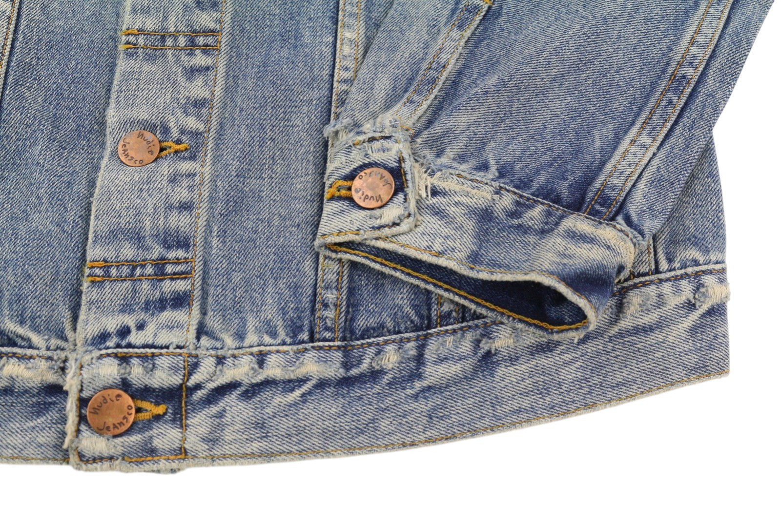 NUDIE JEANS Billy vyriška striukė M su blizgančiu indigo spalvos išblukusiu plėšytu logotipu 