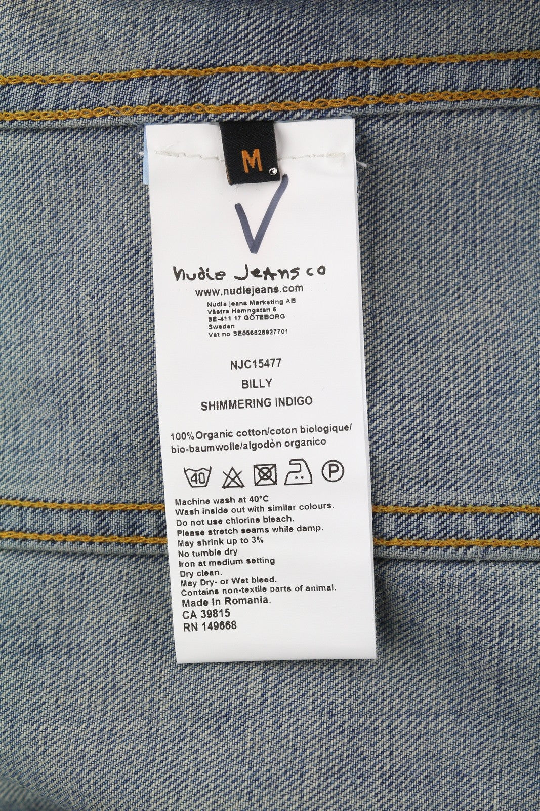 NUDIE JEANS Billy vyriška striukė M su blizgančiu indigo spalvos išblukusiu plėšytu logotipu 