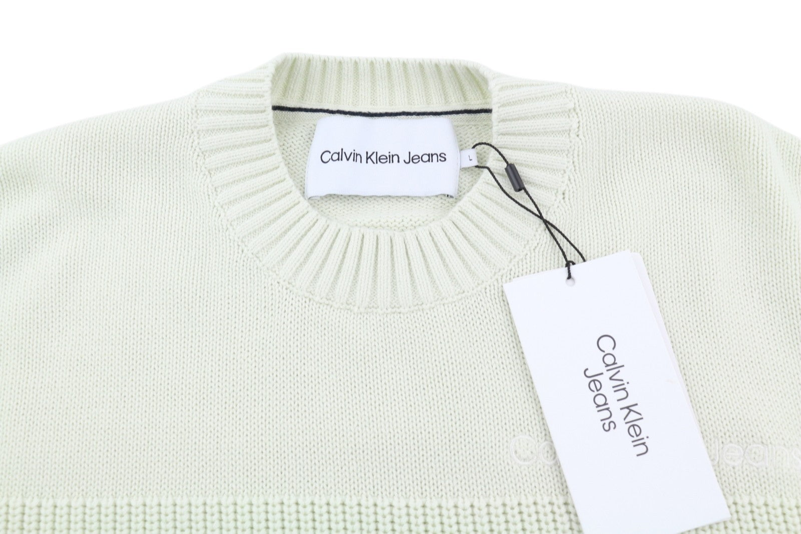 CALVIN KLEIN Stitch Blocking Men Jumper L Off White Stripe Knit Crew Pullover