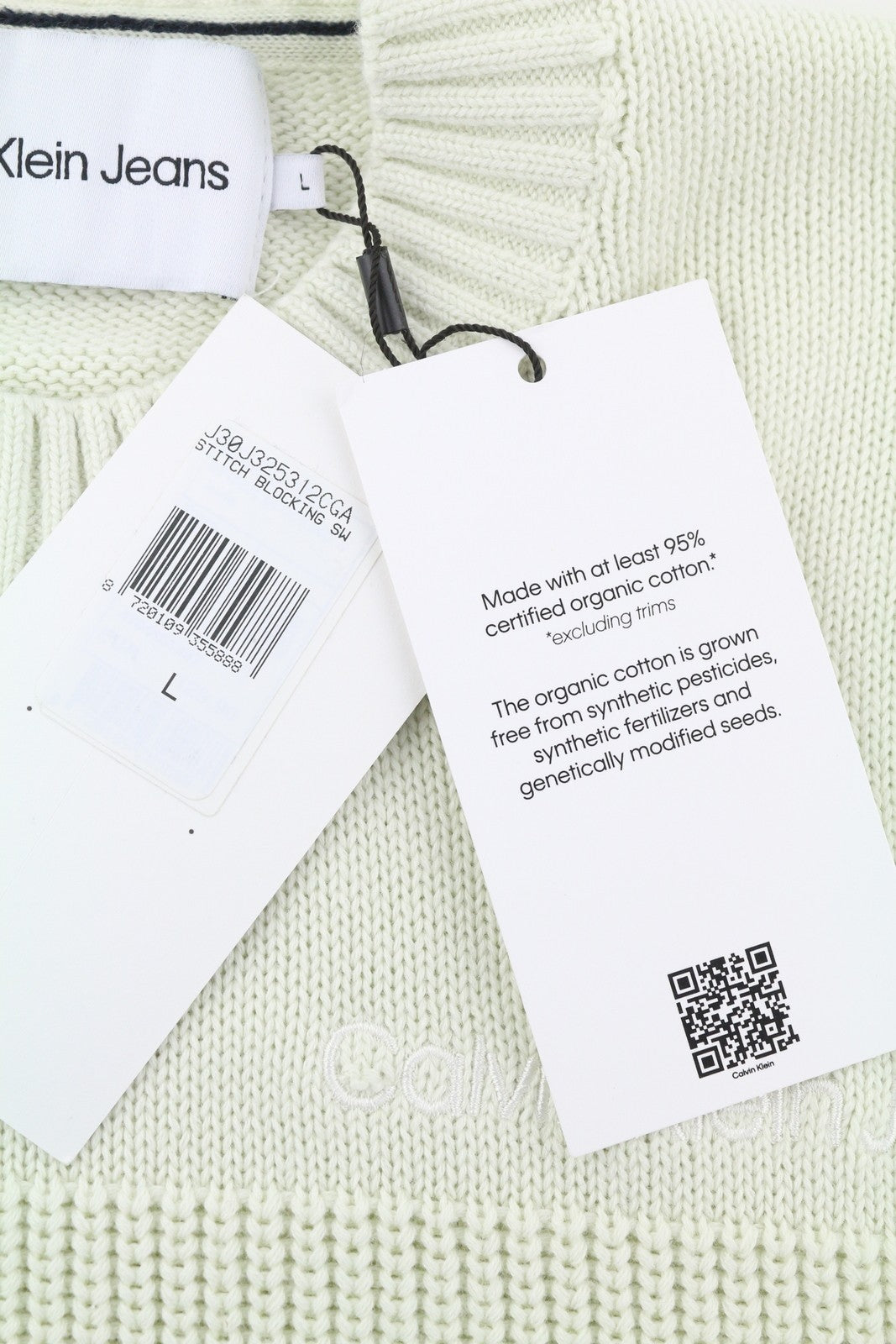 CALVIN KLEIN Stitch Blocking Men Jumper L Off White Stripe Knit Crew Pullover