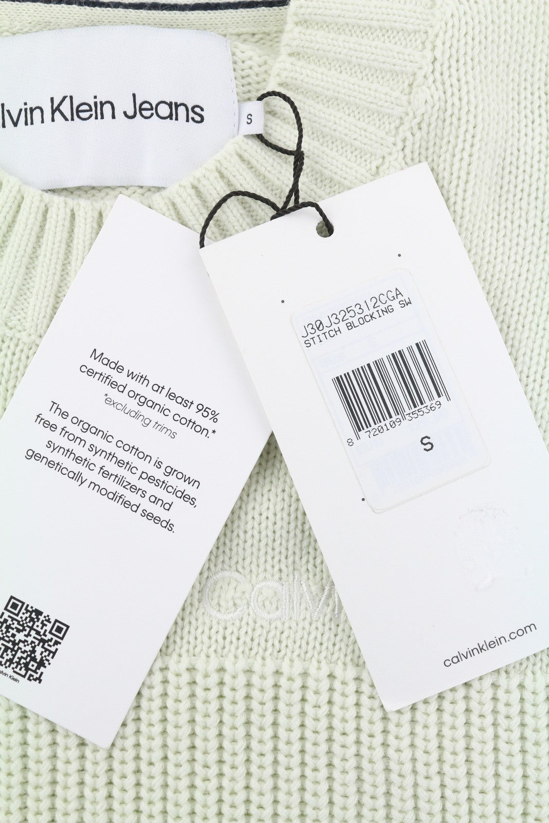 CALVIN KLEIN Stitch Blocking Men Jumper S Off White Stripe Knit Crew Pullover