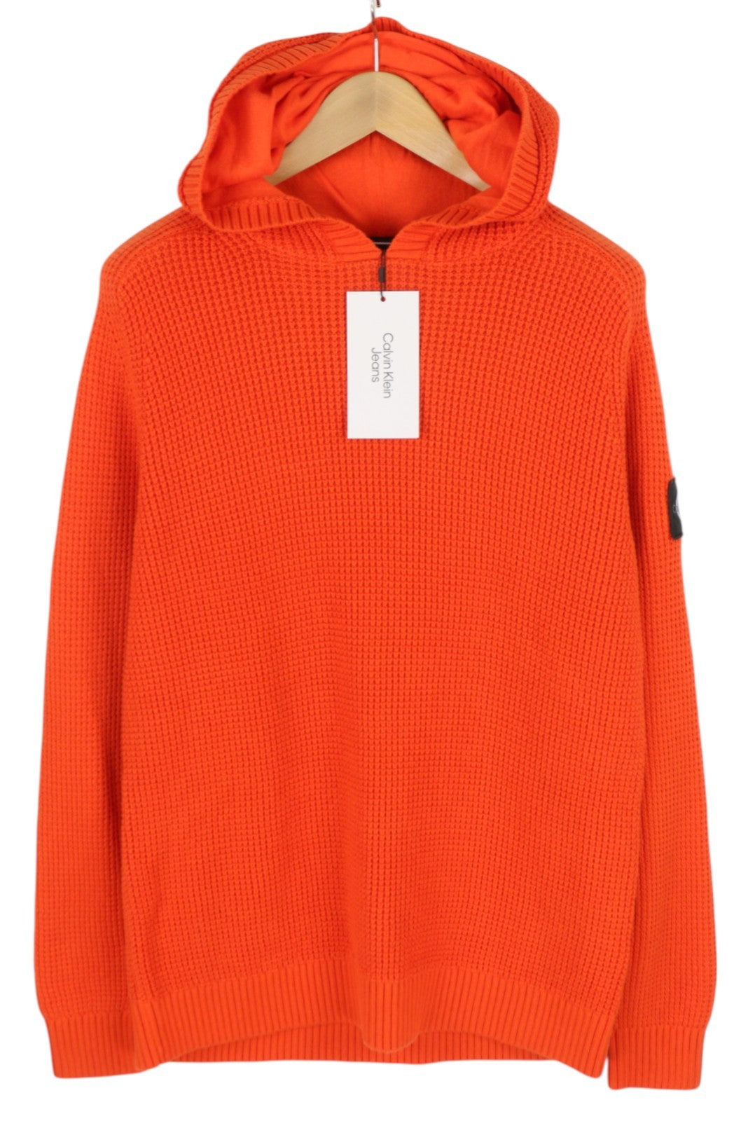 CALVIN KLEIN Men Jumper M Orange Cotton Waffle-Knit Hooded Patch Logo Pullover