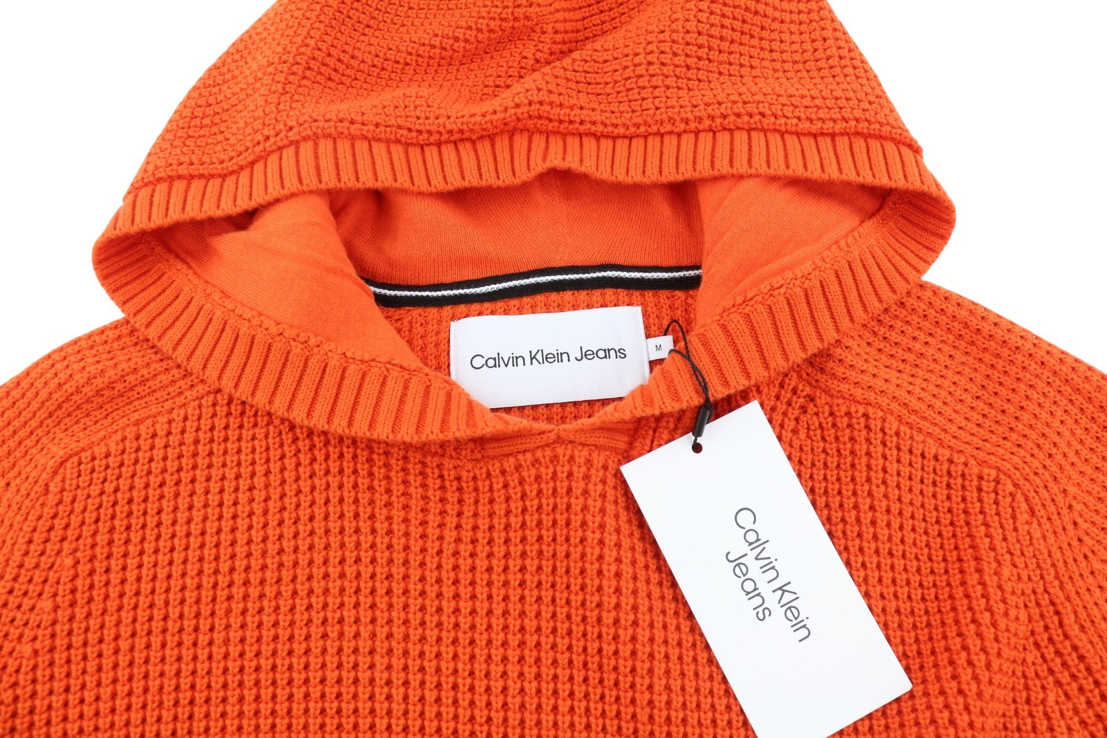 CALVIN KLEIN Men Jumper M Orange Cotton Waffle-Knit Hooded Patch Logo Pullover