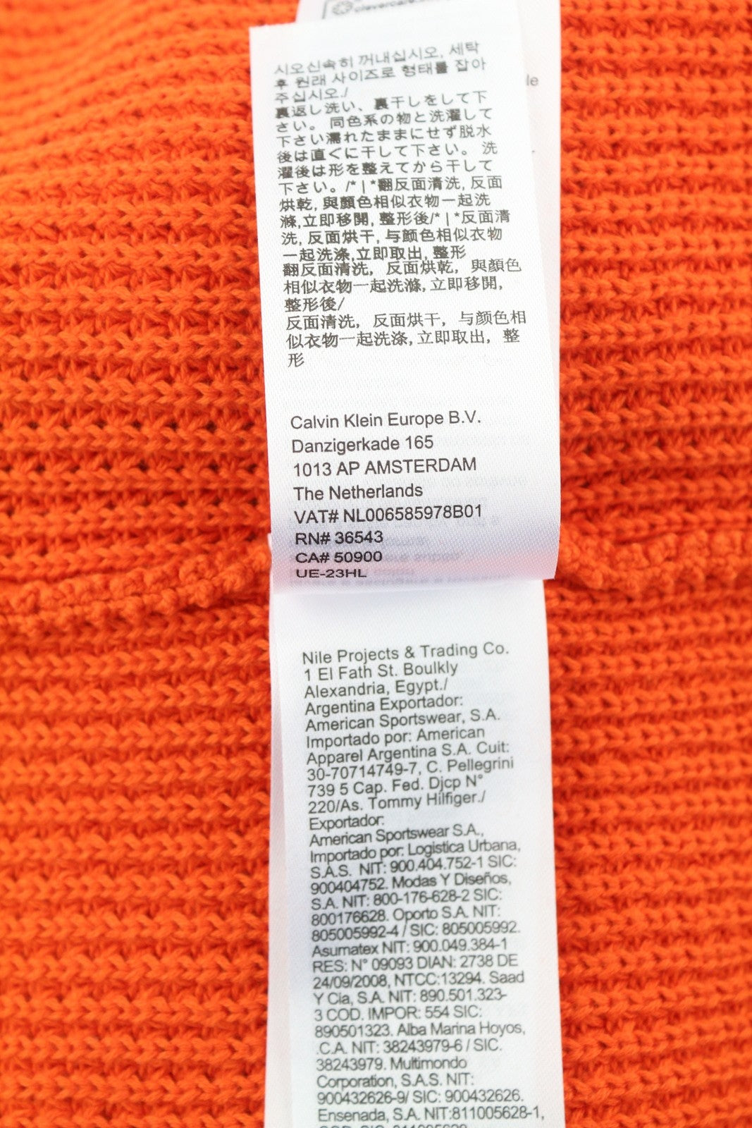 CALVIN KLEIN Men Jumper M Orange Cotton Waffle-Knit Hooded Patch Logo Pullover
